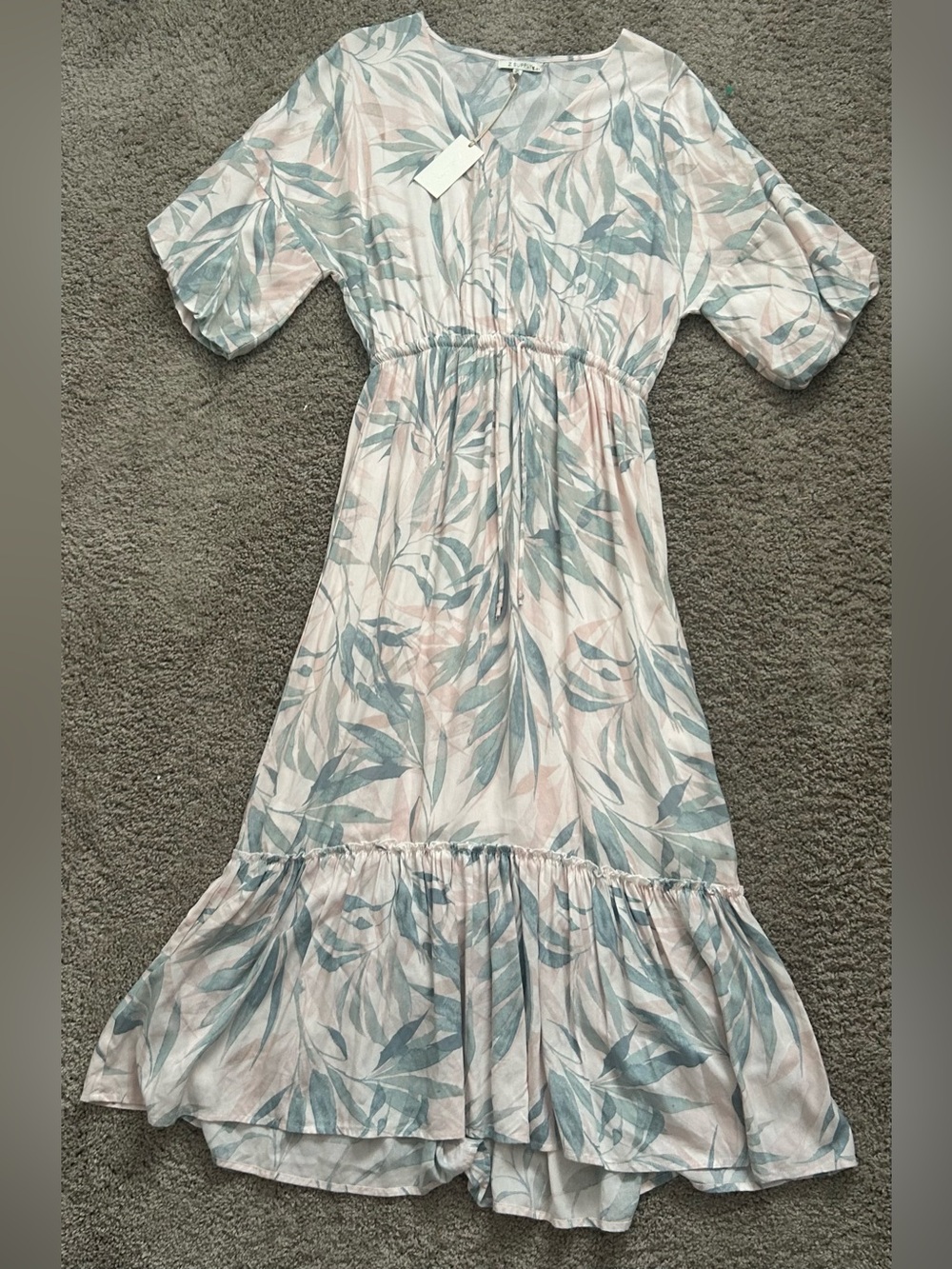 Z Supply Women’s Pink Gray Floral V-Neck Ruffle Midi Dress Rayon XS